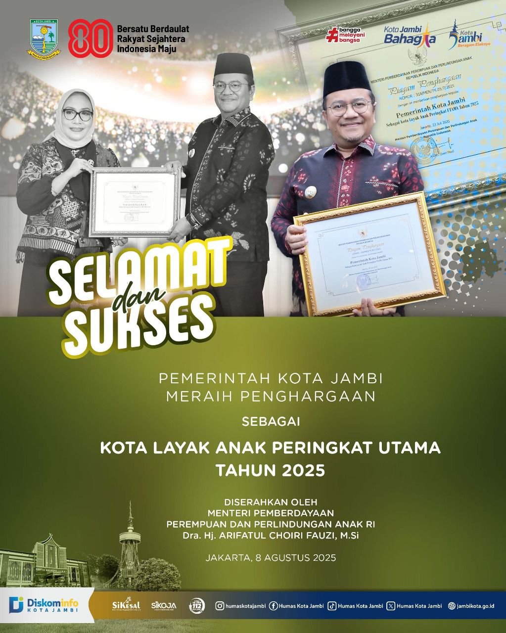 Pengakuan Nasional, Menteri PPPA Apresiasi Kota Jambi Sebagai Kota Layak Anak Peringkat Utama Nasional